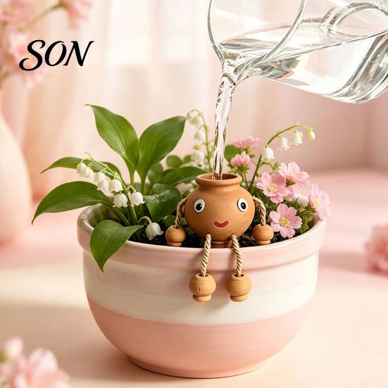 Self Watering Spikes for Potted Plants Terracotta Spike, Cute Face Plant Insert Decorative Smiling Doll Stakes Plants, Clay Automatic Waterer