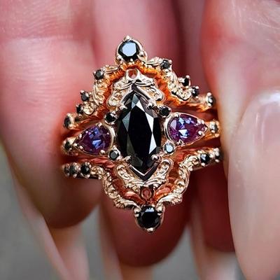 Luxury European and American New Rose Gold Set Ring Etsy Retro Pattern Women's Jewelry