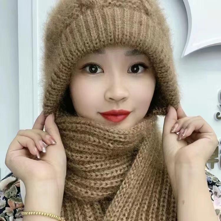 Hat Women's Scarf Integrated Autumn and Winter Warm Versatile Wool Hat Fashion Trendy Fleece Thickened Knitted Hat