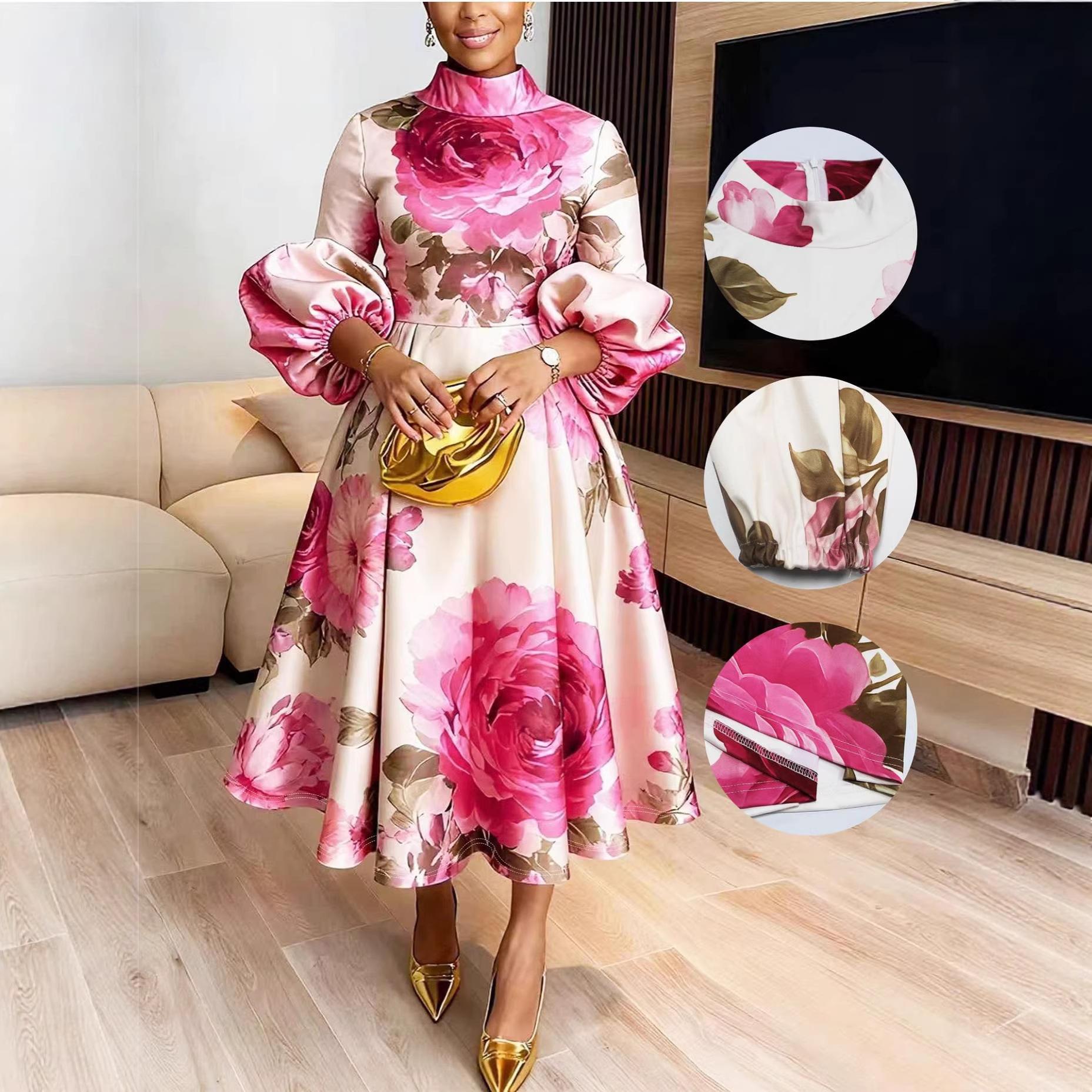 Women s High Neck Puff Sleeve Floral Print Midi Dress L