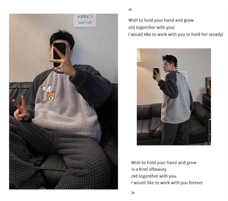 Pánská pyžamová souprava s dlouhým rukávem z korálového fleecu - Hřejivá, silná, žakárový design, vhodná pro domácí nebo venkovní nošení na podzim a v zimě.