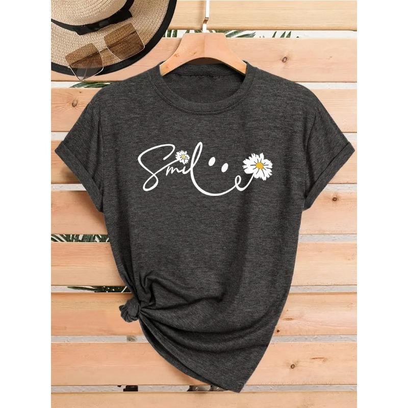 

Милые футболки с принтом улыбающейся ромашки - Женские повседневные летние топы Летняя улыбка Смайлик Цветок Круглый вырез Пуловер Короткий рукав Женская футболка XXL серый