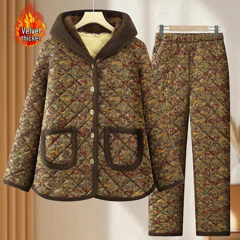 Mom's Winter Home Wear: Velvet & Thick Cotton Two-Piece Set for Middle-Aged & Elderly Women - Warm Jacket & Pants
