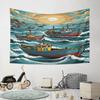 Fishing Boats On Turbulent Sea Waves Pattern Wall Hanging Tapestry Decorative Tapestry Home Decor for Bedroom and Living Room
