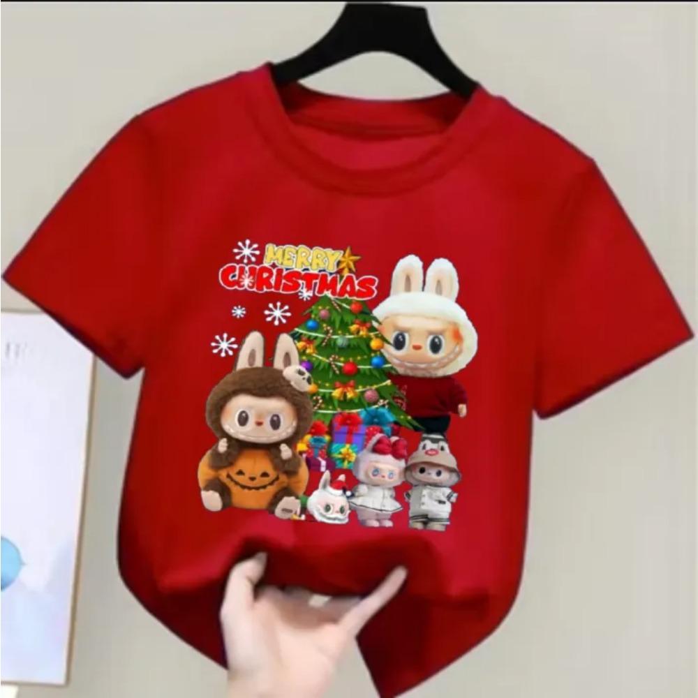 2025 New LABUBU Children's T-shirt Christmas LABUBU Style Round Neck Short Sleeved Casual Girls' Top