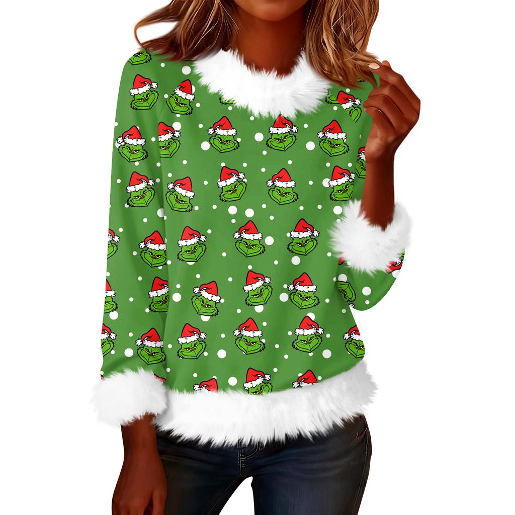 Women's Fashionable Christmas Printed Round Neck Long Sleeved Casual Pullover T-shirt Top