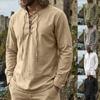 Men's Medieval Lace‑Up Henley Shirt, Vintage Linen Blend Stand Collar Long Sleeve Renaissance Pirate Casual Tunic Tops for Daily Cosplay
