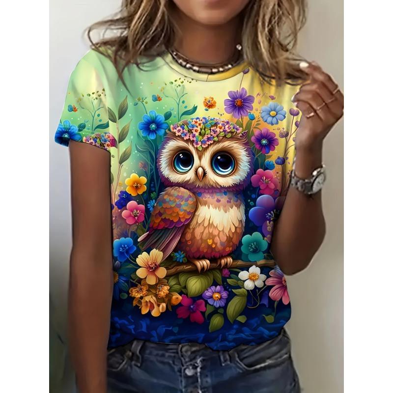 

Pastel Green Women s Tee - Floral Crown Owl & Colorful Flowers Graphic, Cute Whimsical Print Design for Casual Daily Wear S