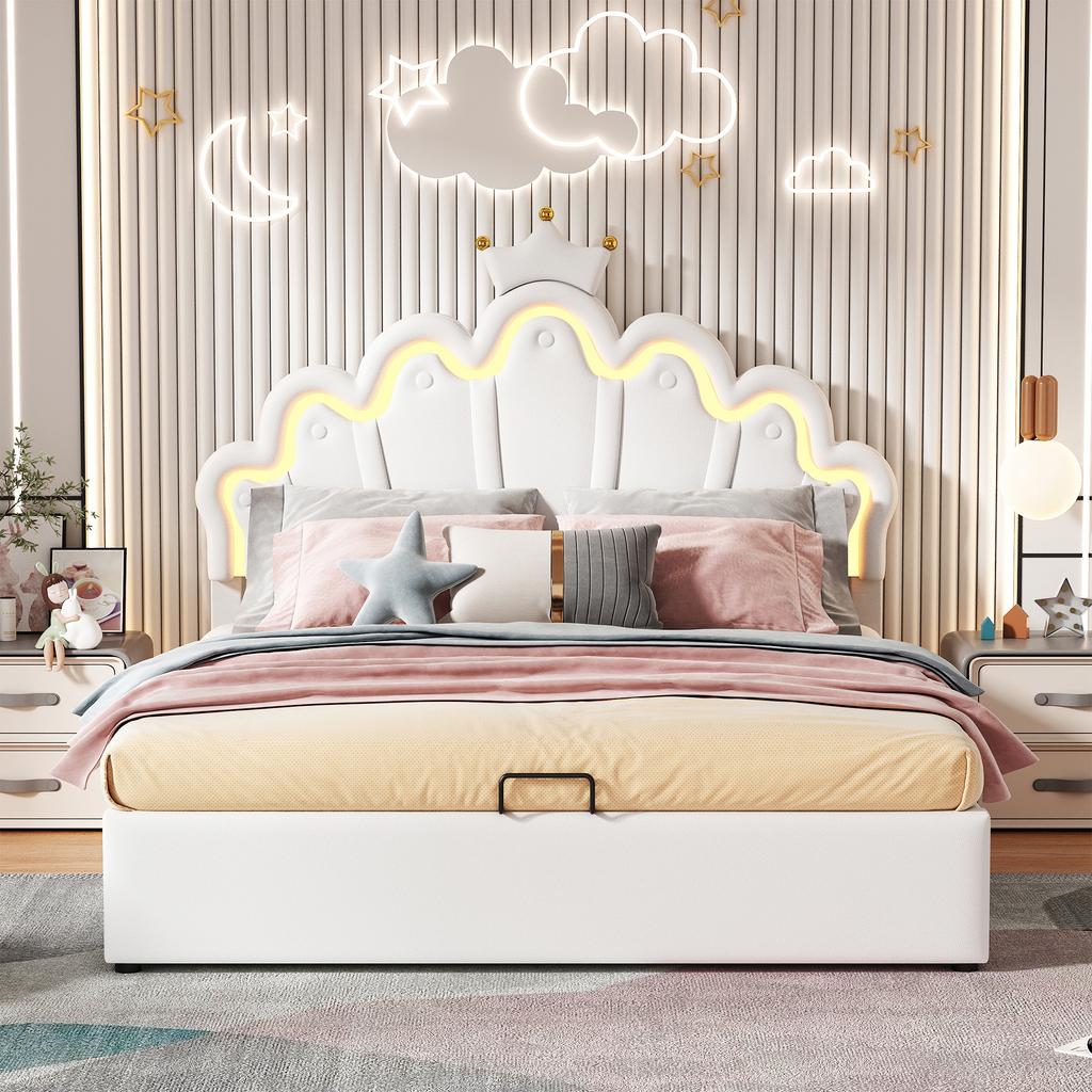 140*200cm Letto Piatto, Letto Imbottito, Letto da Principessa, Illuminazione d'Ambiente Regolabile, Striscia con Corona, Bianco