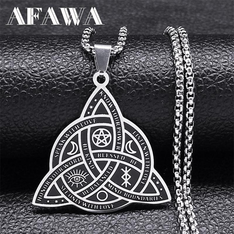 Witch Triquetra Trinity Celtic Knot Necklace Stainless Steel Pentagram Triple Moon Goddess Necklaces Jewelry Collar N3406S02