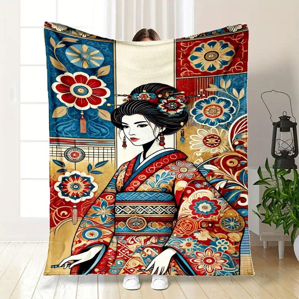 "Japanese Floral Kimono Art Print - Vibrant Traditional Design"Blanket Flannel Throw Blanket for Sofa, Bed, Travel, Camping, Office, Couch,