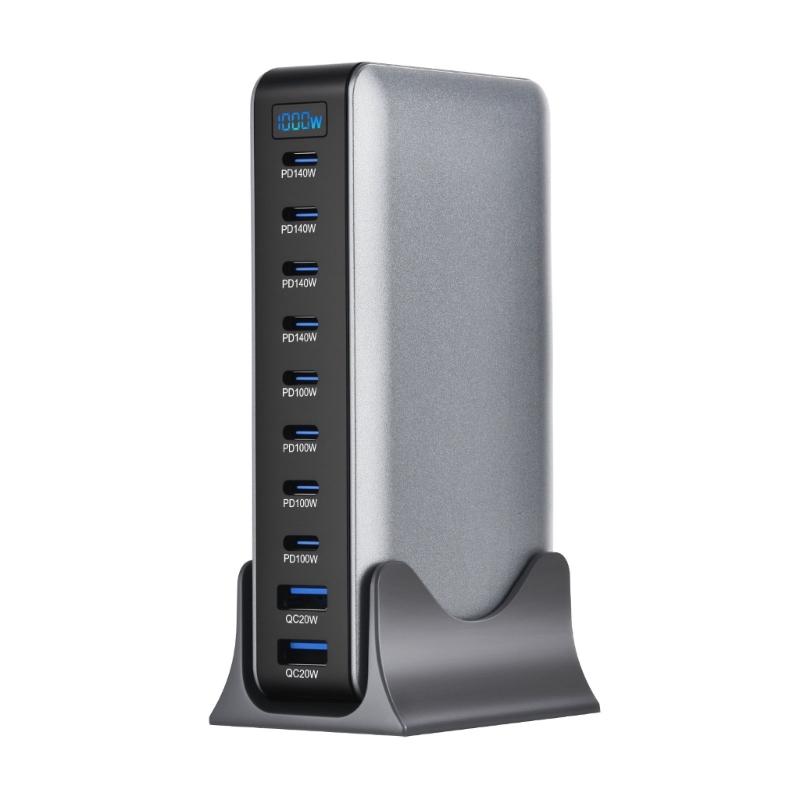 1000W Gans PD Fast Charger 10Port Fast Charging Station ABS Materials MultiDevice Power Adapter Durability Design