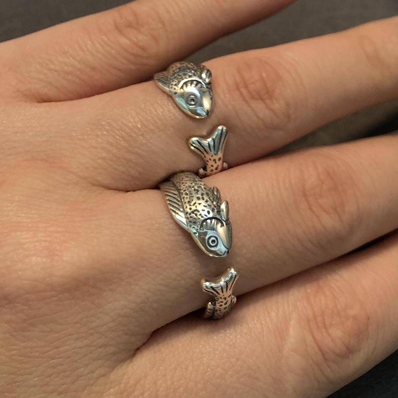 Niche Simple Fish Shaped Ring Distressed Gold Vintage Adjustable Ring Silver Alloy Retro Open Ring Unisex