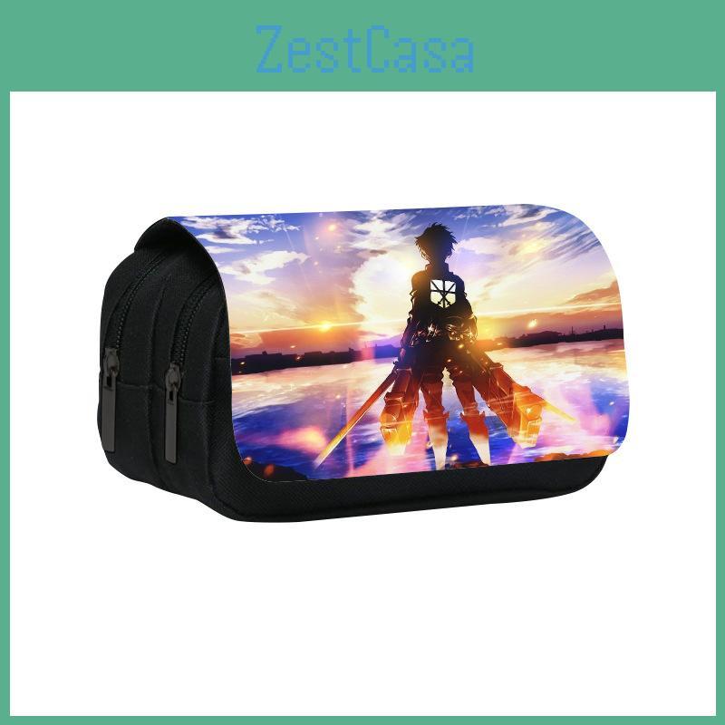 Attack On Titan Anime Pattern Double Layer Flip Cover Stationery Bag For Students And Office Use