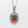 Silver Plated Oval Cut Rainbow CZ Pendant Necklace, Double Halo Cable Chain Necklace for Women
