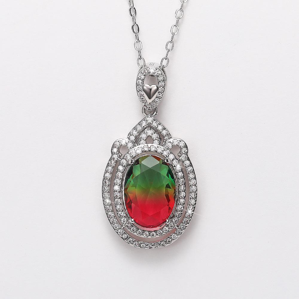 Silver Plated Oval Cut Rainbow CZ Pendant Necklace, Double Halo Cable Chain Necklace for Women