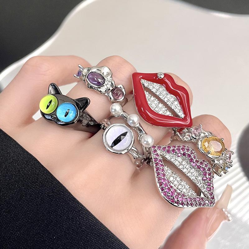 Red Lips Mouth Cat Eye Opening Ring Set Cold Style Personality Fashion Niche Design Ring Woman