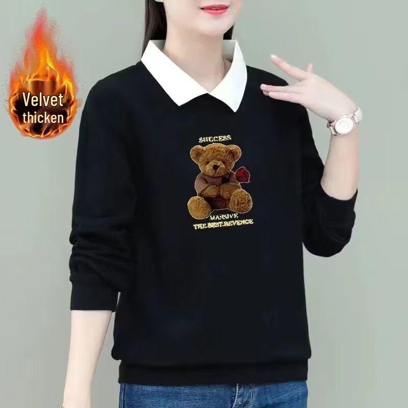 2025 Autumn/Winter Women's Plus Size Velvet Polo Collar Long Sleeve Cartoon Print Sweater
