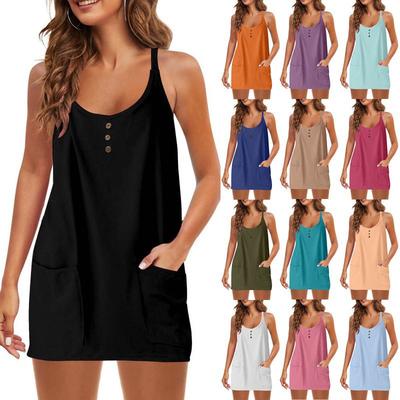 2026 Women's Casual Solid Color Sling V-neck Button Pullover Sleeveless Dress Buttons