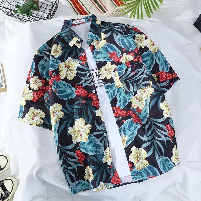 Men Tees Hawaiian Shirt Beach Print Tee Plus Size Loose Overshirt Half Sleeve Retro Clothes Casual Male Undies Button Up Top Summer