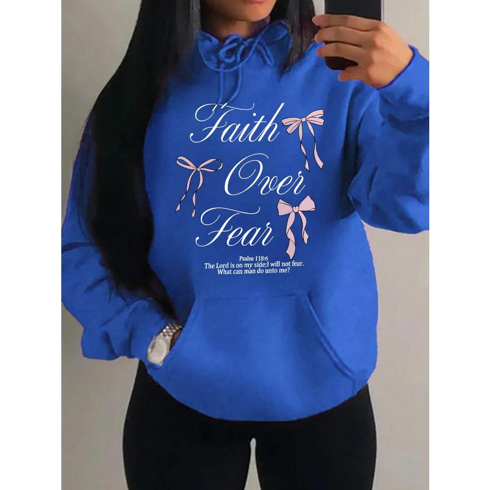 Pink Bow Faith Over Fear Printing Women Hoodies Pocket Loose Hoody Casual Fleece Y2K Hoodie Soft Woman Clothes