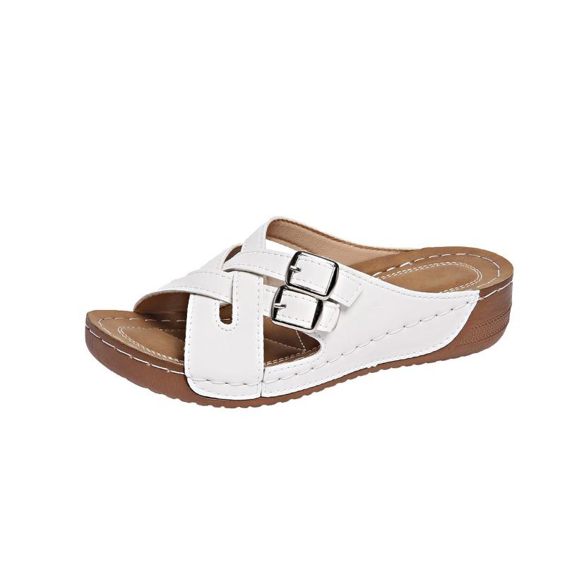 Large size flat bottom slope heel casual slippers new cross-strap solid color open-toed fish mouth slippers