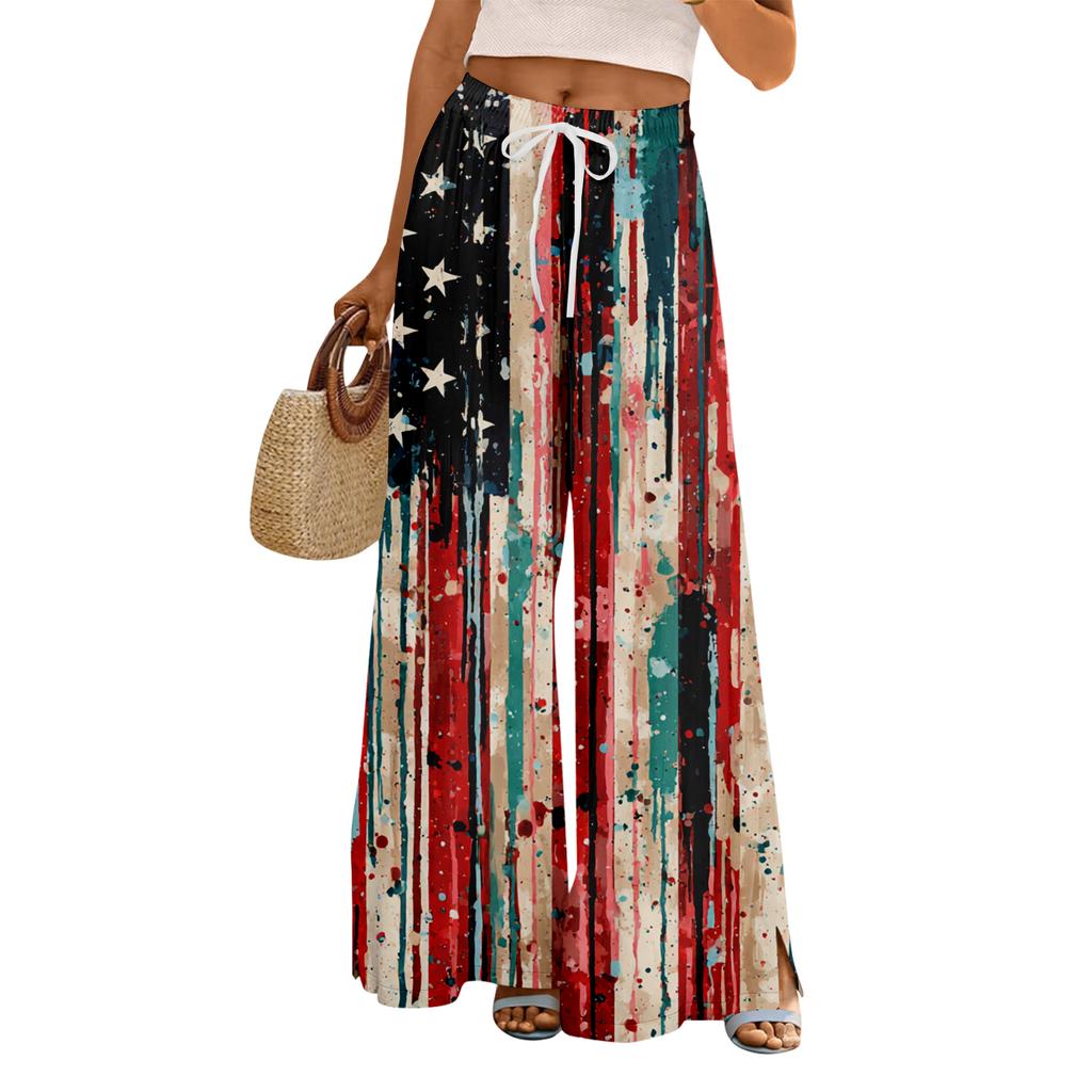 Women Summer Boho Palazzo Pants High Waist Wide Leg Floral Printing Casual Trousers With Pockets