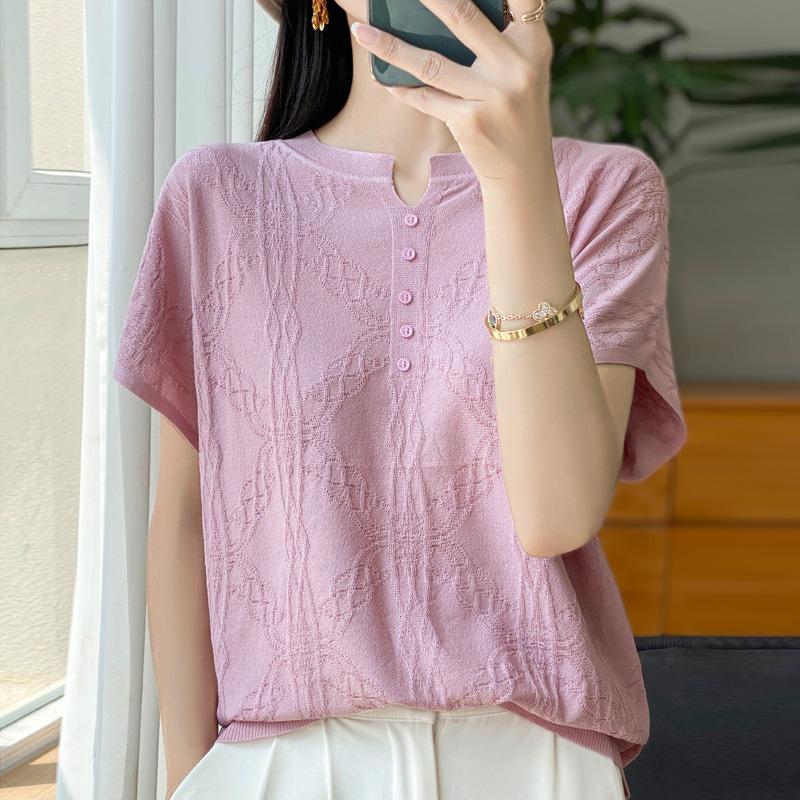 

Летний женский новый трикотажный свитер с коротким рукавом, футболка и топ-жилет с круглым вырезом XL розовый