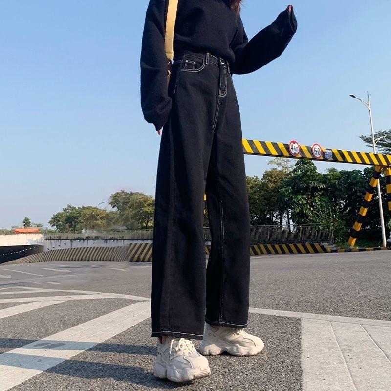 Jeans Donna All-match Pantaloni stile coreano Denim Vintage Nero Solido Vita alta Autunno Baggy Chic Street Casual