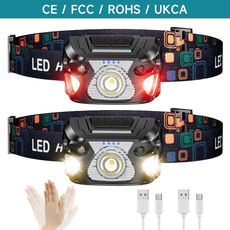 USB Rechargeable LED Headlamp with Sensor, Long Battery Life, High Brightness, Red Light Mode for Fishing, Cycling, and Outdoor Work