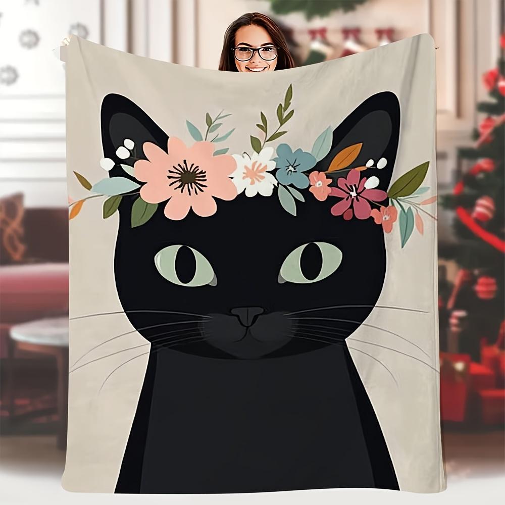 

1pc Vintage Style Single-Sided Printed Blanket, 60x80 Inch, Cute Black Cat with Floral Wreath Design, Soft & Cozy All-Season 70x100cm28x39in