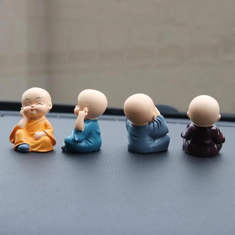 4Pcs Little Monk Resin Statues Adorable Mini Craft Ornaments for Car Dashboard Office Desk Home Living Room Decor