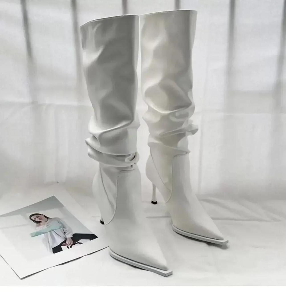 Módní dámské boty 2024 Vysoká kvalita Nazouvací dámské kozačky Módní plisované Kancelářské a kariérní Sexy špičaté Kozačky nad koleno Zapatos