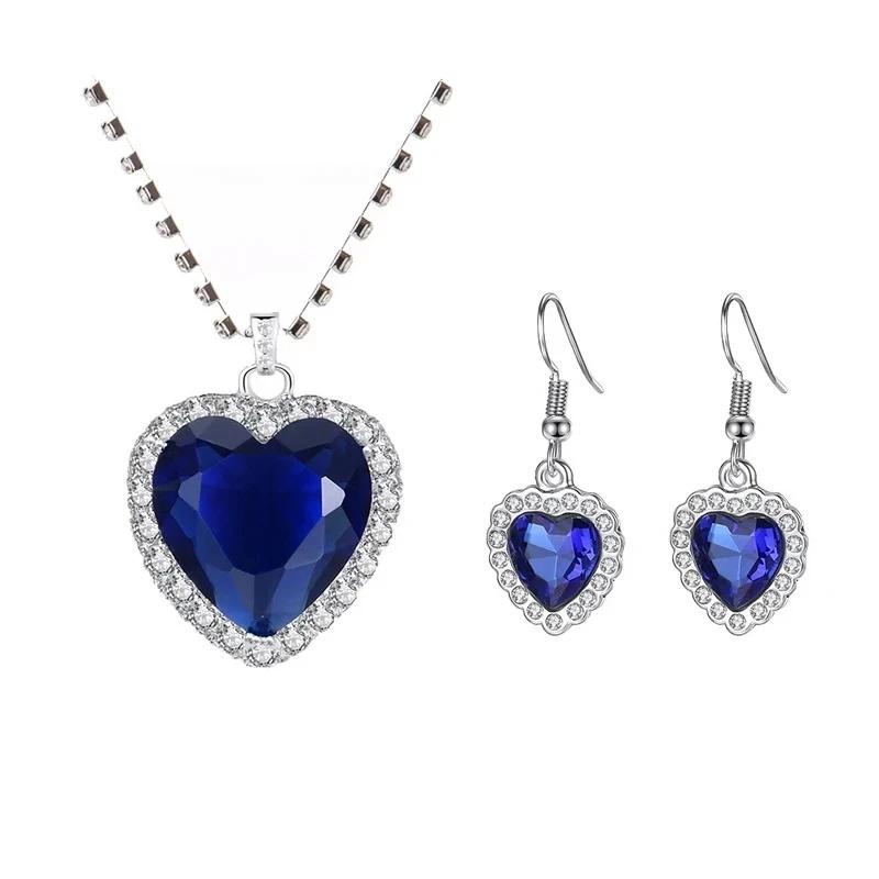 New Titanic Blue Red Necklace+Earrings Ocean Heart  Love Eternal Shining High End Jewelry Bridal Wedding  Set