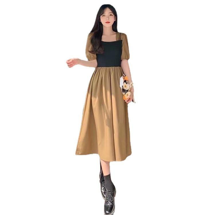 Summer New French Retro Temperament Square Neck Skirt Loose and Thin Fake Two Medium and Long Dresses for Women