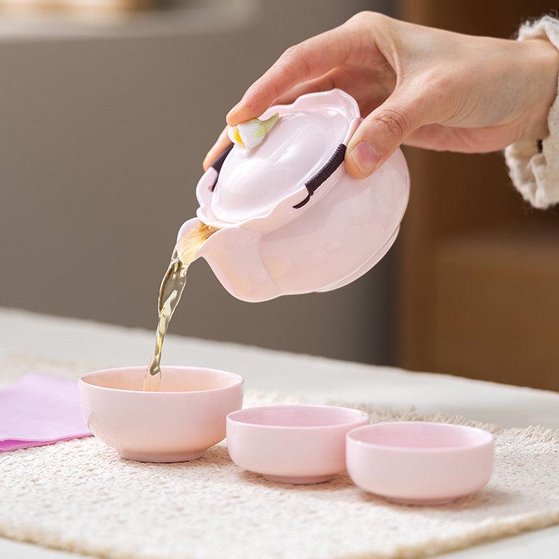 Portable Pink Flower Tea Set with Hand-Grip Pot: Home & Outdoor Quick-Brew Gongfu Set with Storage Bag