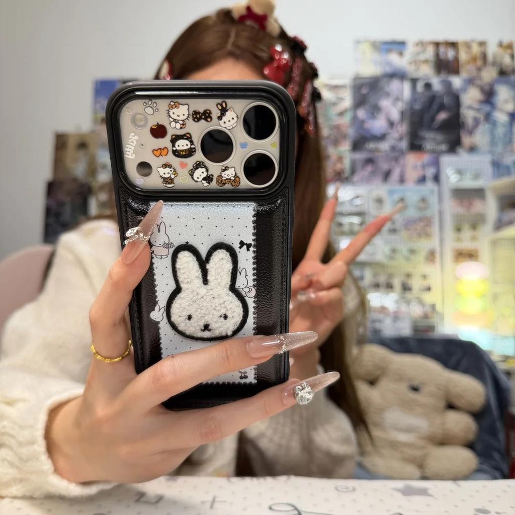 Cute polka dot embroidery Miffy Rabbit is suitable for Apple 16/17promax mobile phone case IP15 bulging bag leather pattern 14Pro
