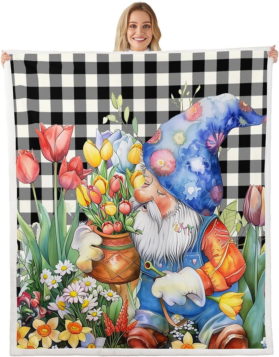 Spring Gnome Throw Blanket Throw Size,Girls Tulips Floral Fleece Blanket for Bed Sofa,Kids Garden Butterfly Blossoms Plush Bed 75x90cm