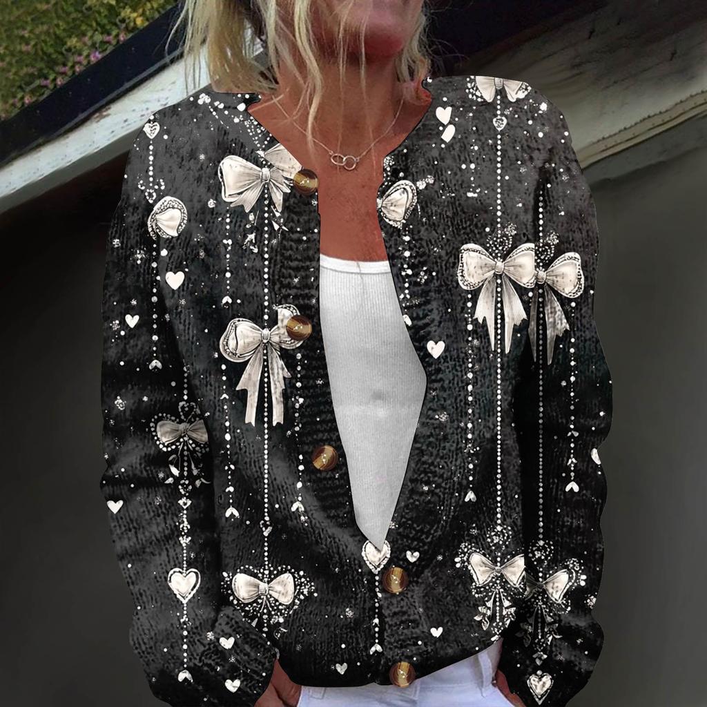 Women's Fashion Printed Long Sleeve Knitted Cardigan Button Down Jacket