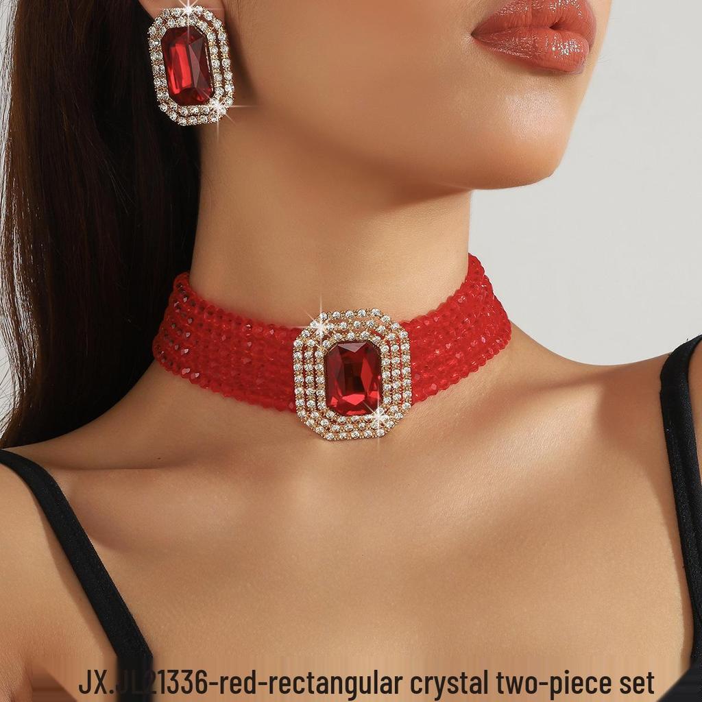 Set Colier Choker Geometric Rectangular din Sticlă de Cristal Multistrat de Lux și Cercei