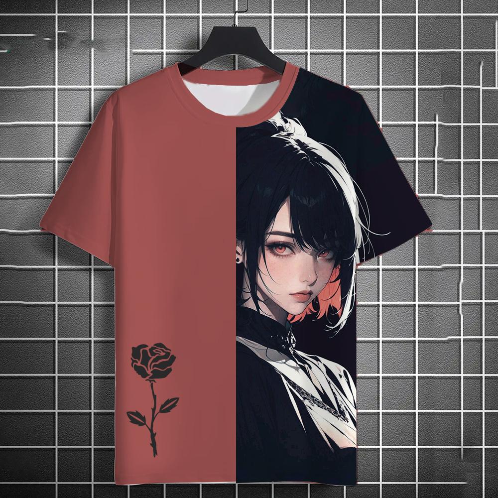 Summer Anime Girls Rose 3D Print T-Shirts Streetwear Men Fashion Oversized O-Neck Short Sleeved T Shirt Tees Tops Clothing