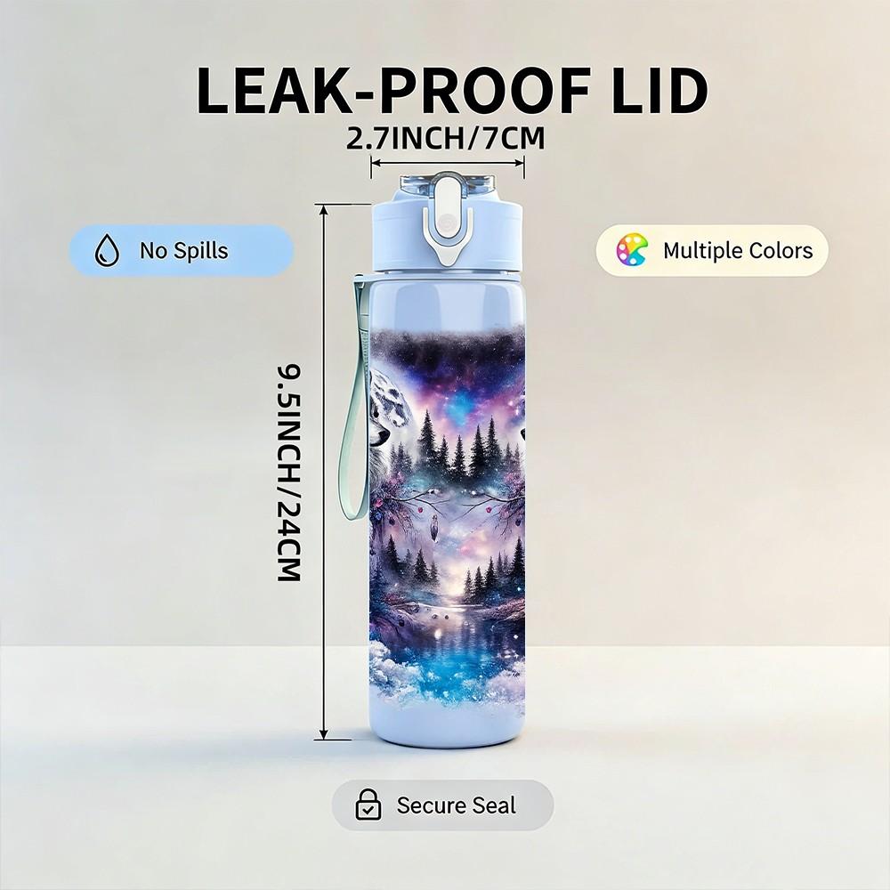 1PC Dark Wolf Psychedelic Color Art Print 750ml Color Plastic Sports Water Bottle Leakproof Flip Straw Lid Suitable for Sports Office Home Use