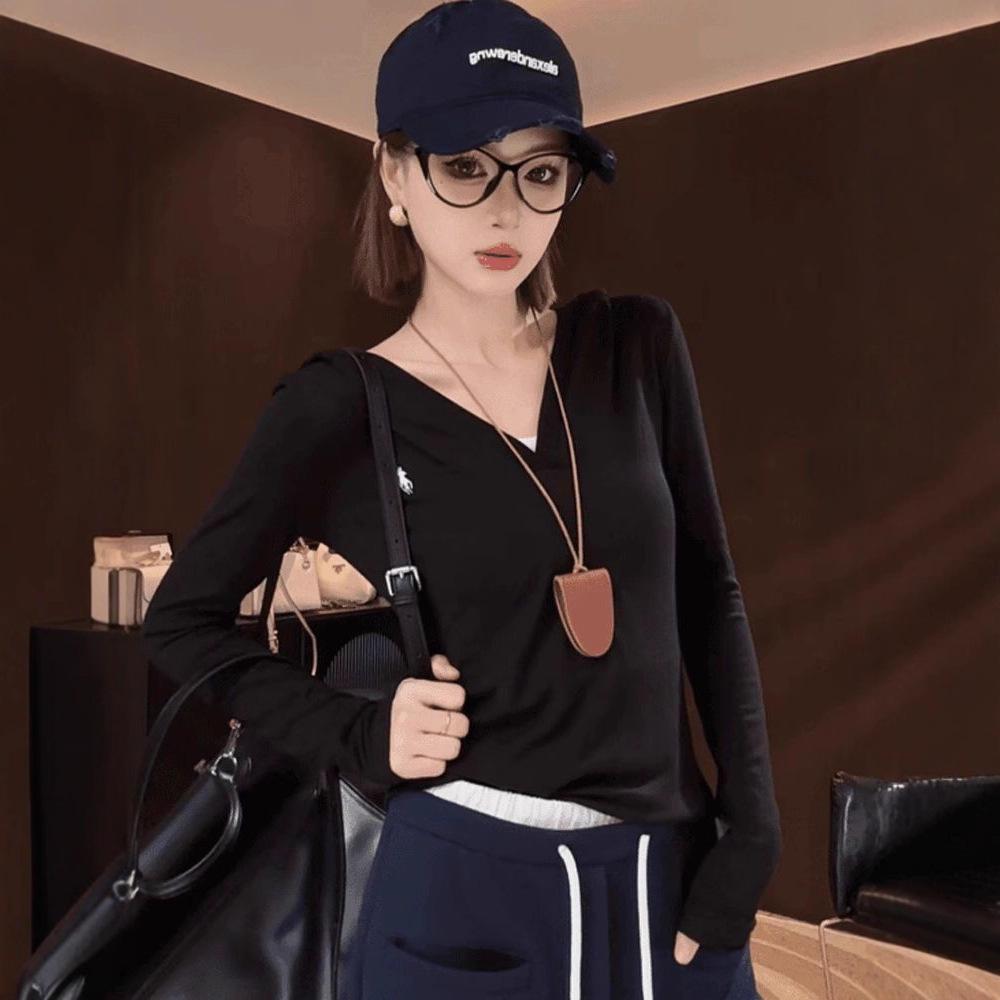 Plus Size Women's V-neck Hooded Long-Sleeve Slimming T-shirt - Autumn 2025 Trendy Top