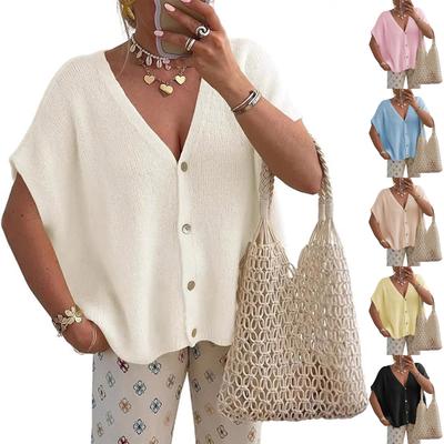 Cárdigan de punto para mujer de manga corta con cuello en V, chaleco de punto holgado de manga ancha - Suéter con botones de color