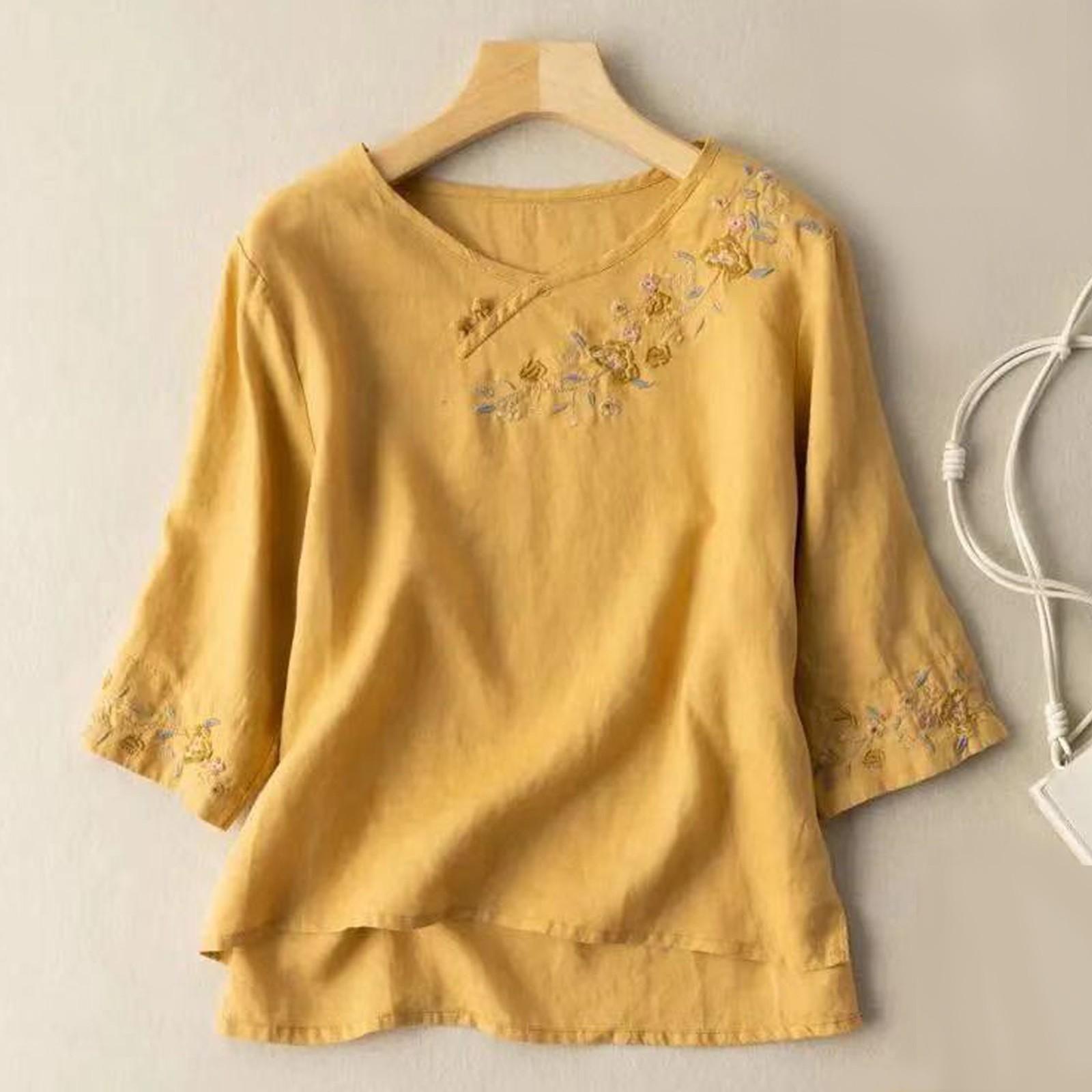 

Женская хлопково-льняная однотонная рубашка с рукавами 3/4, свободная блузка с круглым вырезом, пуловер, топ XL жёлтый