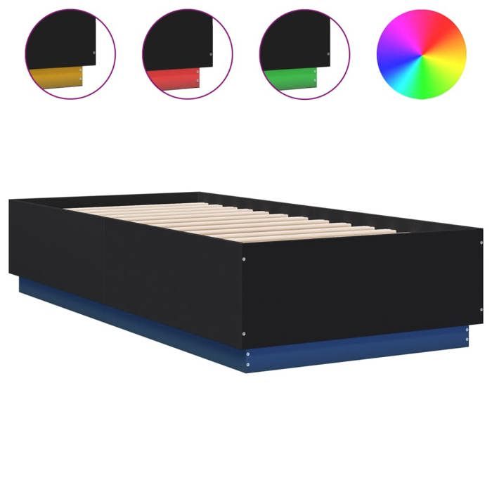 VidaXL Bed Frames with LED Lights, Single Bed with Slat Base, Adult Bedroom Bed, Modern, Black 90x200 Cm Wood 3209633