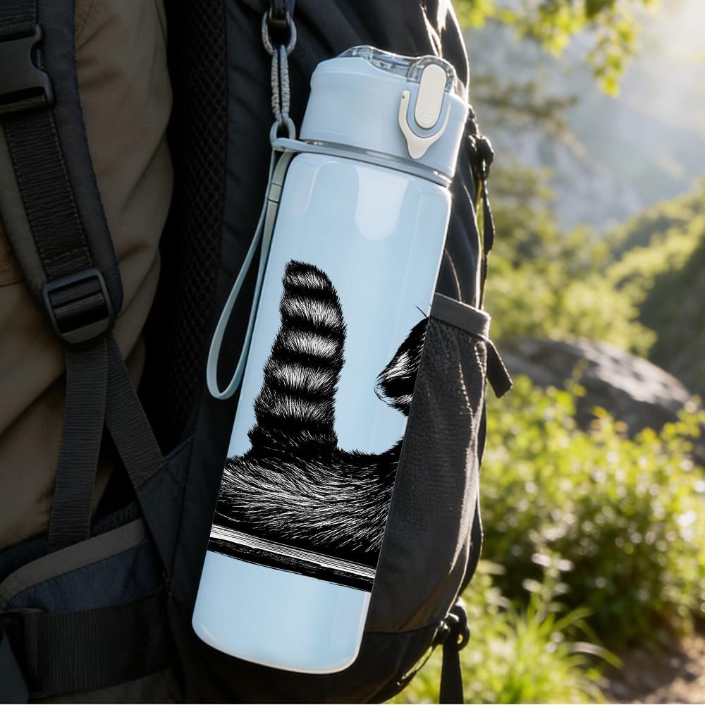 1PC Striped Fluffy Raccoon 750ml Color Plastic Sports Water Bottle Leakproof Flip Straw Lid Suitable for Sports Office Home Use