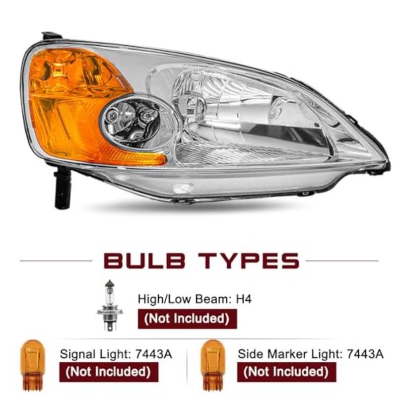 Пара фар в сборе для Honda Civic 2001 2002 2003 годов, 2/4-дверный, замена фар с хромированным корпусом и янтарным отражателем