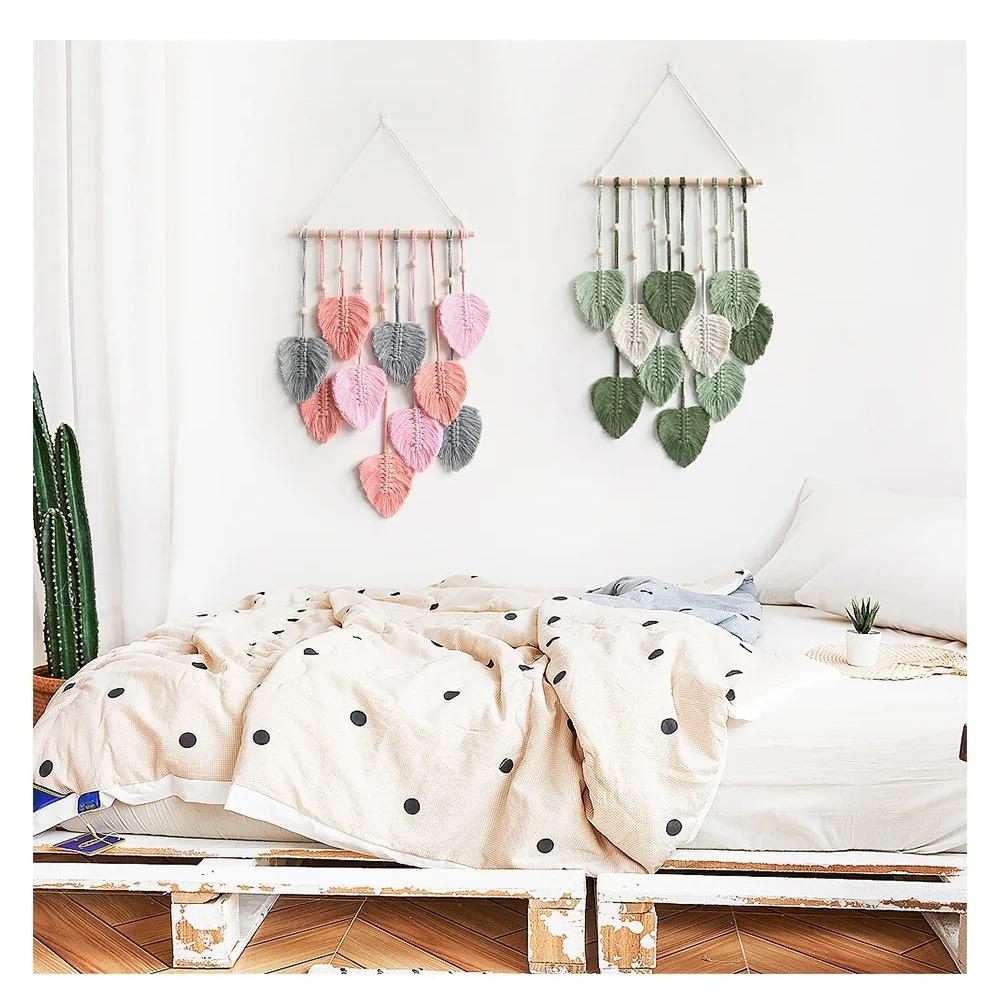 

Гобелен в богемном стиле ручной работы из хлопчатобумажной веревки с листьями дерева – уникальный домашний декор для стен, подвеска для комнаты