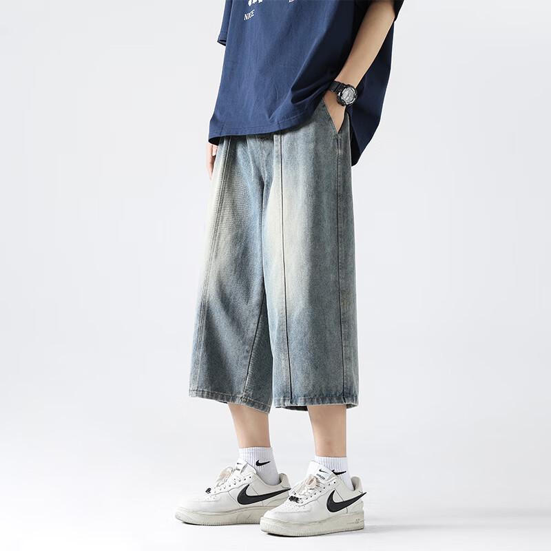 Men's American Retro Patchwork Loose Capri Denim Pants